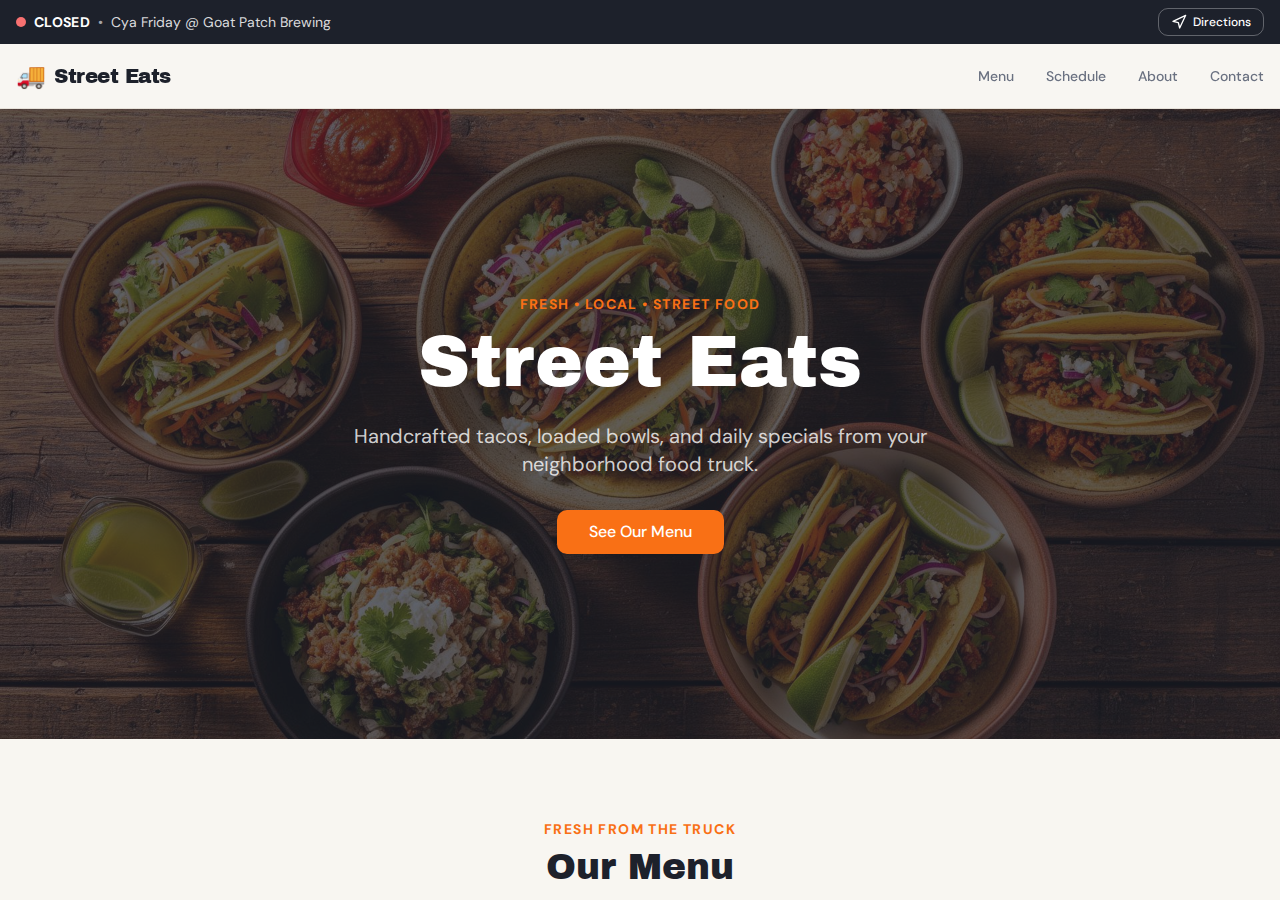 Homepage preview of fakefoodtruckrealwebsite.com, the current food truck demo site.